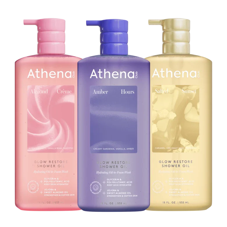 Glow Restore Shower Oil Trio - Fresh Pair Almond Creme, Amber Hours, Salted Sunset